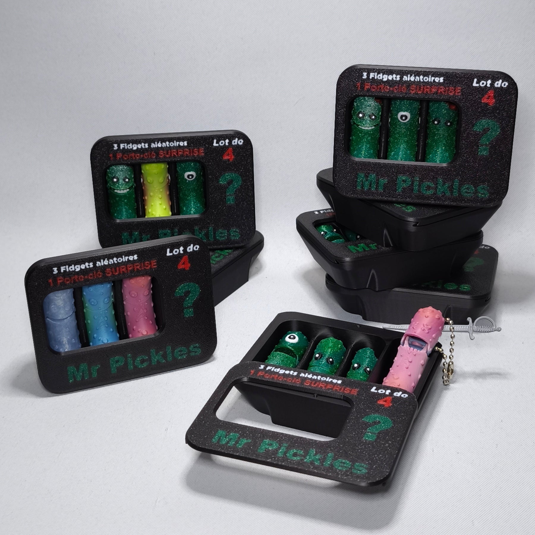 Pack de 4 Porte-clés Fidget Cornichons "Mr. Pickles" en PLA - Plus de Fun à Partager !