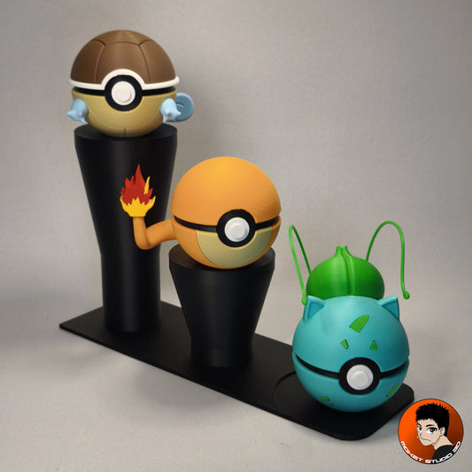 Pack de 3 Balls #0001 #0004 #0007 Starter gen 1 avec support d'exposition - Attrapez-les Tous avec Style !