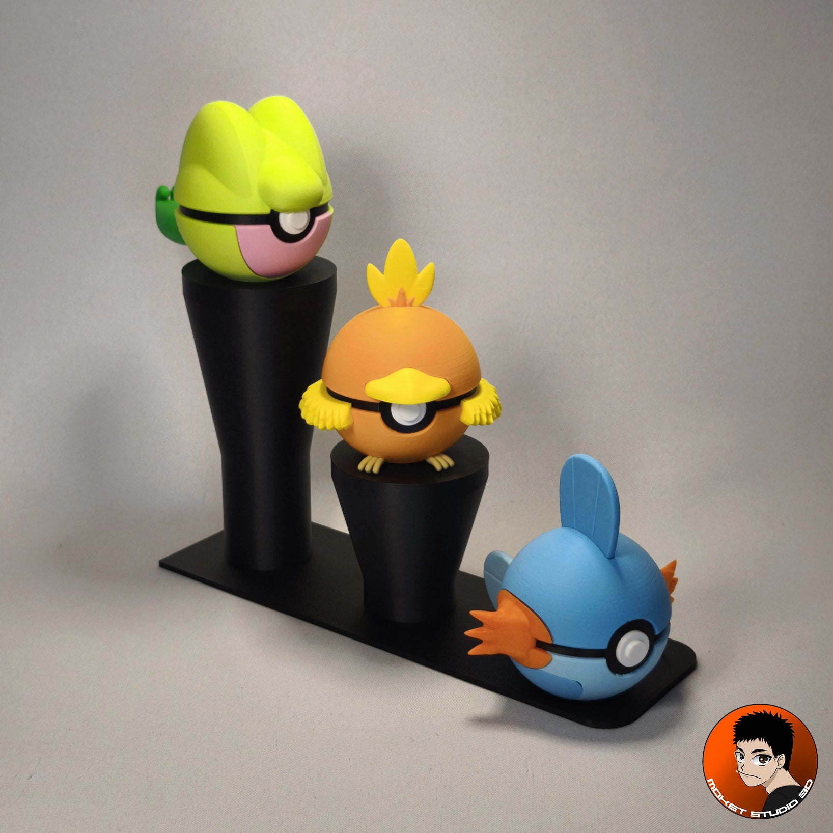 Pack de 3 Balls #0252 #0255 #0258 Starter gen 3 avec support d'exposition - Objet déco collector Pokémon fait main en impression 3D
