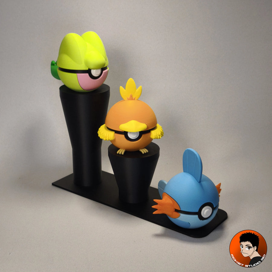 Pack de 3 Balls #0252 #0255 #0258 Starter gen 3 avec support d'exposition - Objet déco collector Pokémon fait main en impression 3D
