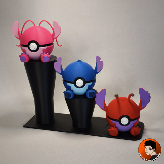 MS3D Ball Trio de Pokéballs Stitch, Angel & Leroy avec support triple – La famille des expériences est au complet !
