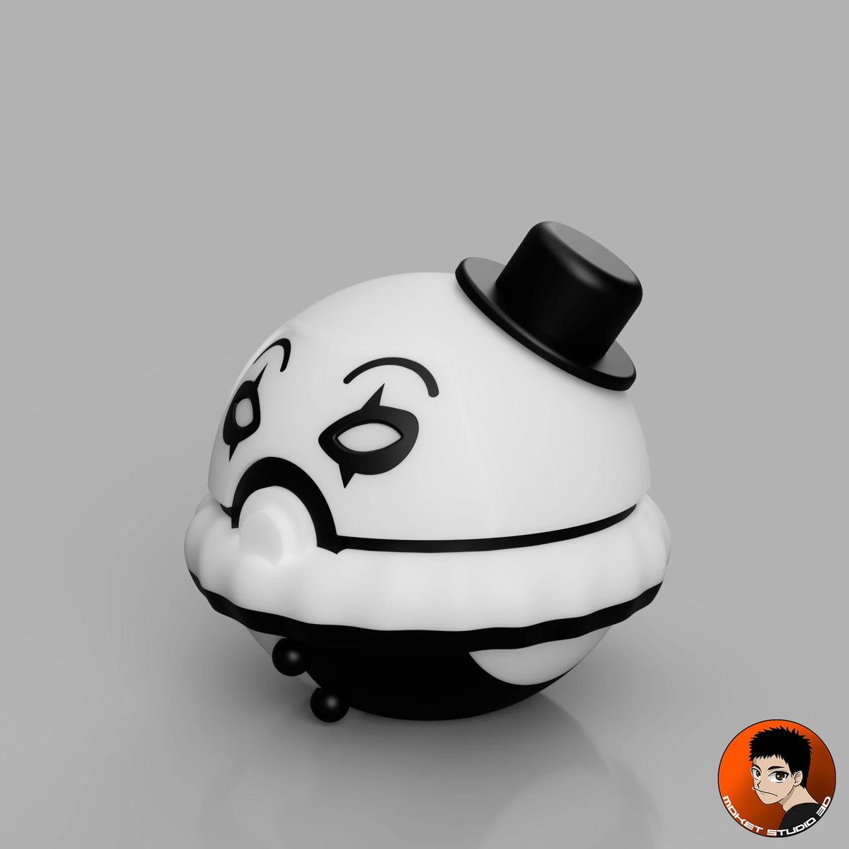 Ball Art le Clown Terrifier MS3D vue de trois quarts, collerette blanche et costume bicolore en relief