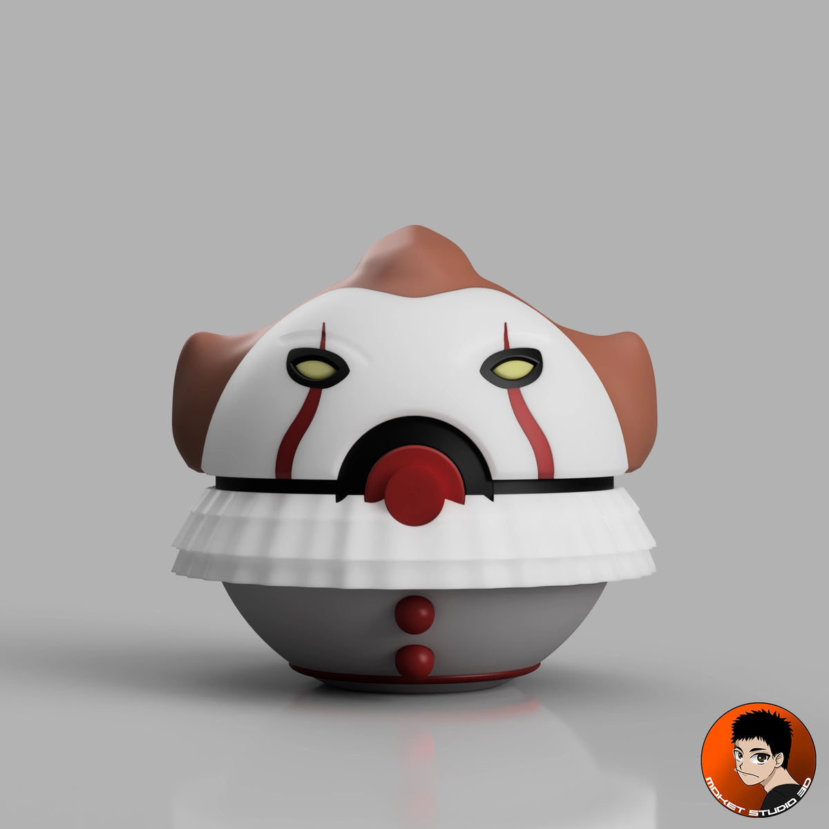 Ball Pennywise Ça (2017) MS3D vue de face, cheveux roux, maquillage rouge et collerette blanche