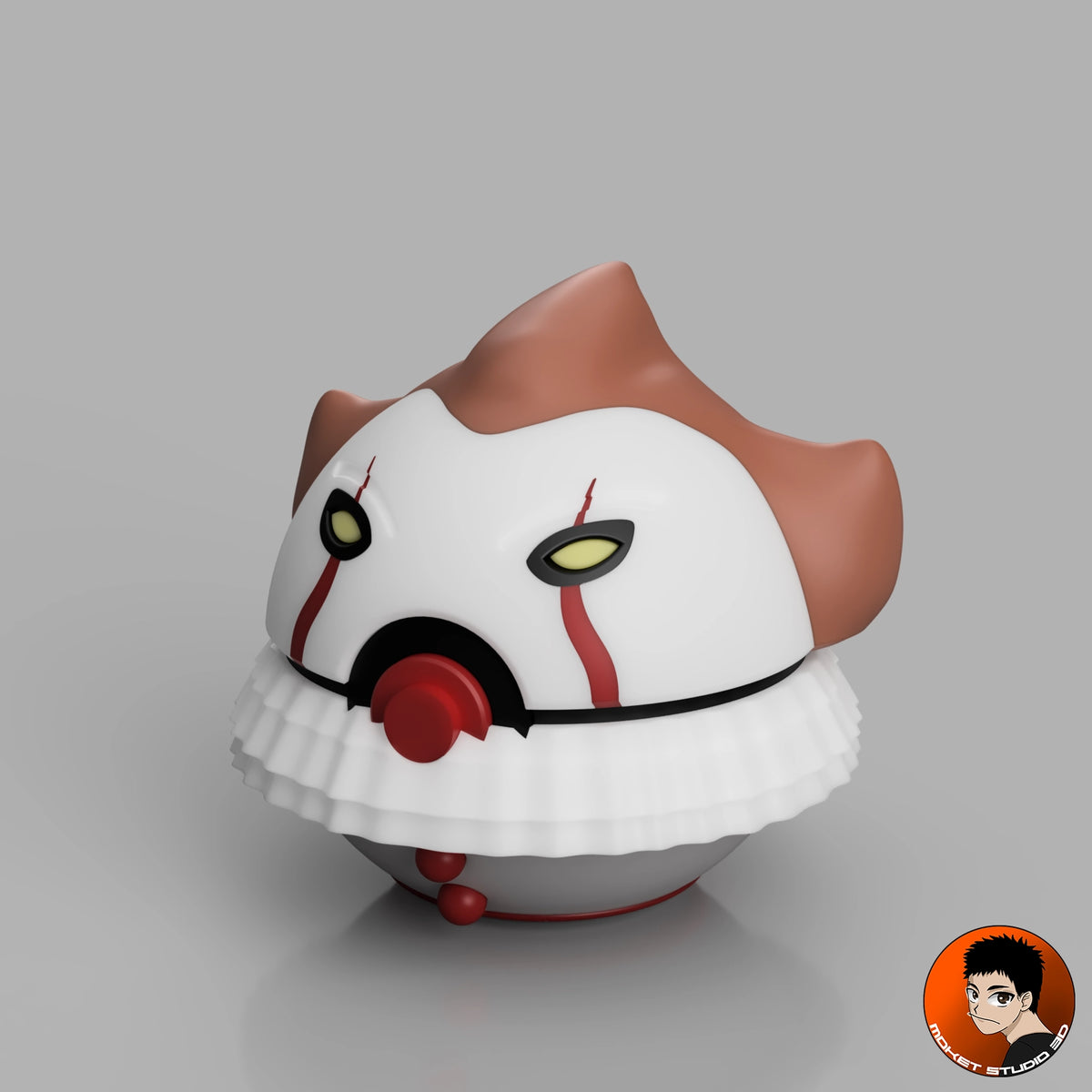 Ball Pennywise Ça (2017) MS3D vue de trois quarts, cheveux roux, maquillage rouge et collerette blanche